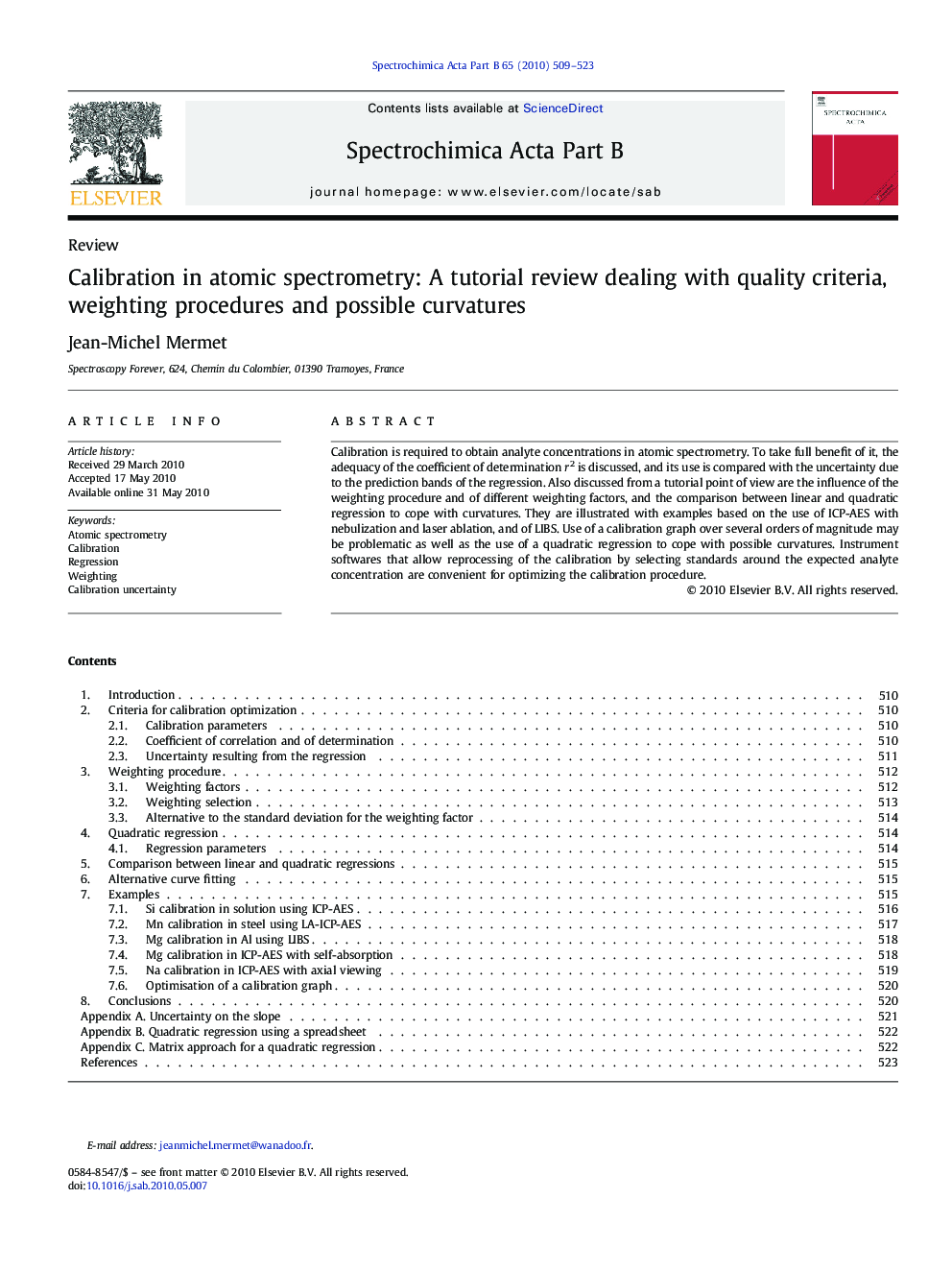 Calibration in atomic spectrometry: A tutorial review dealing with quality criteria, weighting procedures and possible curvatures