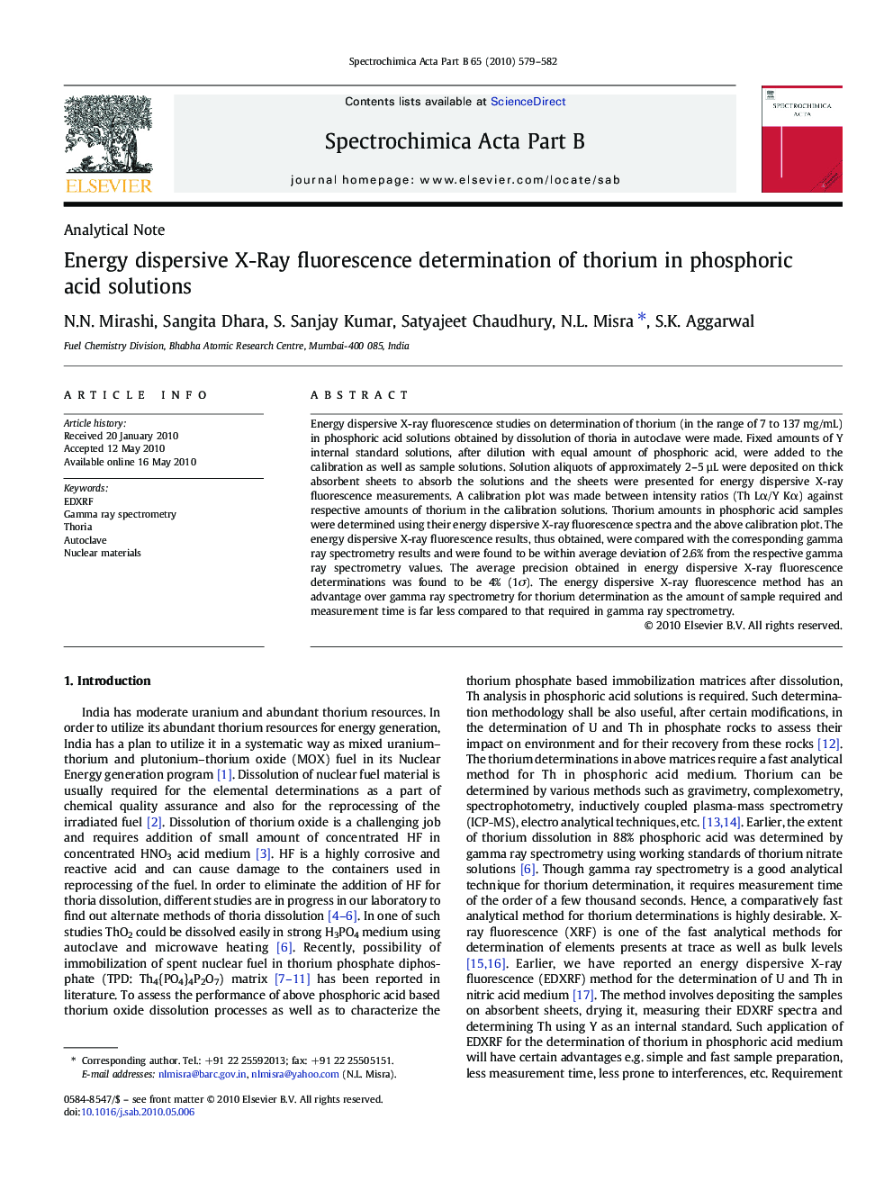 Energy dispersive X-Ray fluorescence determination of thorium in phosphoric acid solutions