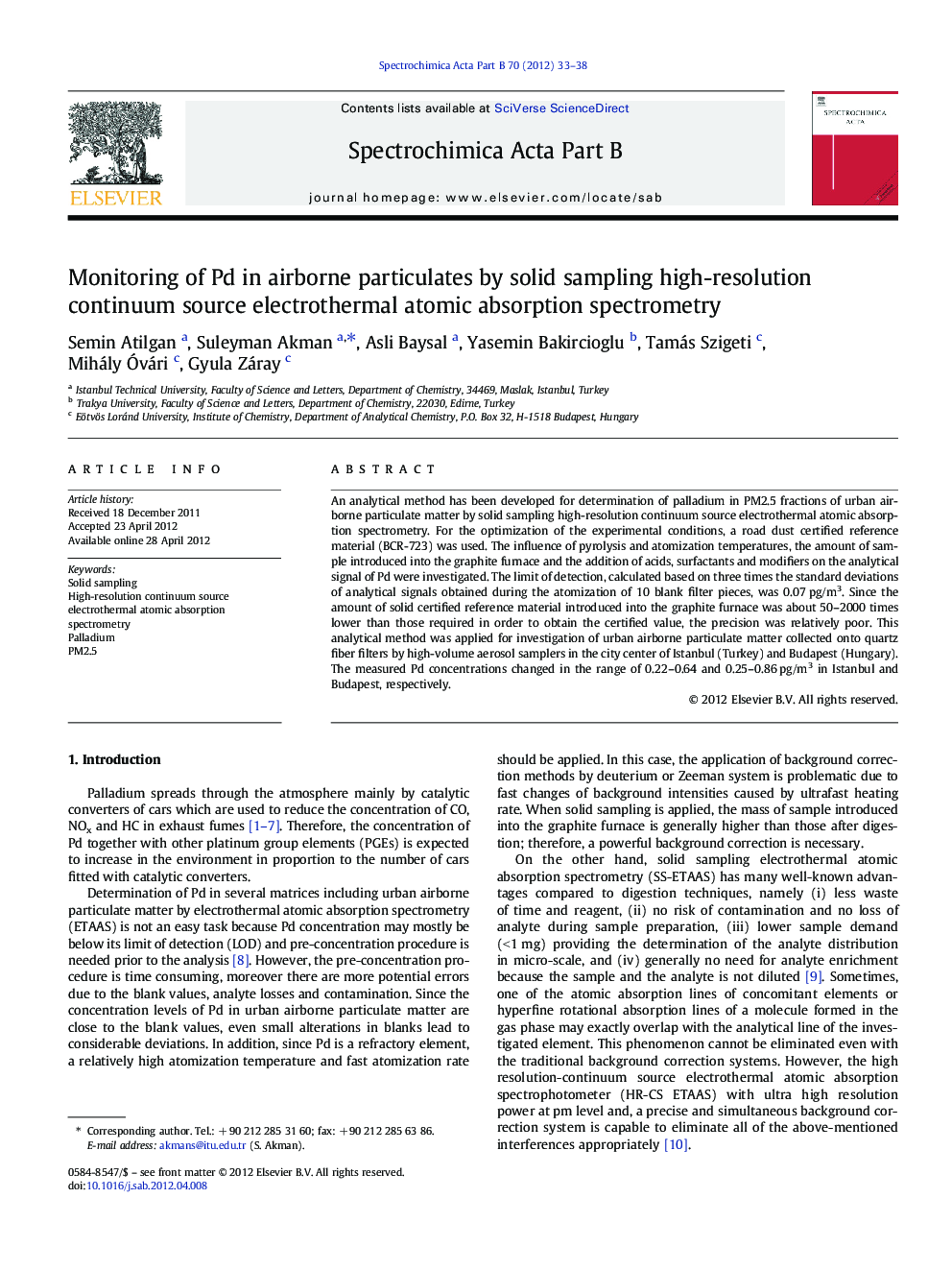 Monitoring of Pd in airborne particulates by solid sampling high-resolution continuum source electrothermal atomic absorption spectrometry