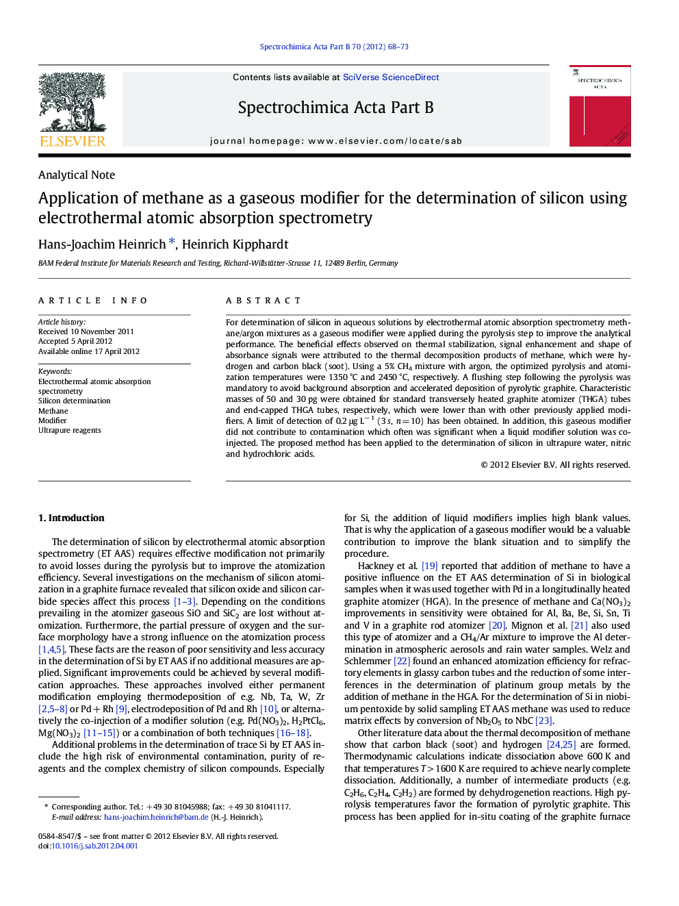 Application of methane as a gaseous modifier for the determination of silicon using electrothermal atomic absorption spectrometry