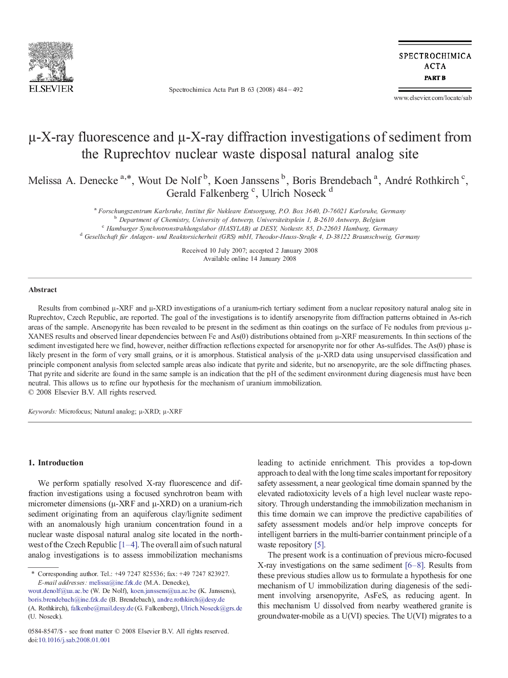 µ-X-ray fluorescence and µ-X-ray diffraction investigations of sediment from the Ruprechtov nuclear waste disposal natural analog site