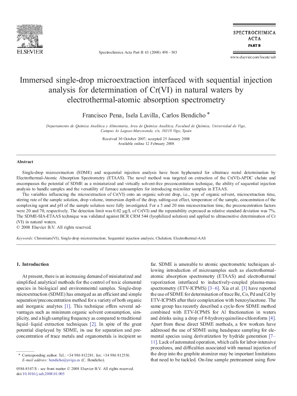 Immersed single-drop microextraction interfaced with sequential injection analysis for determination of Cr(VI) in natural waters by electrothermal-atomic absorption spectrometry