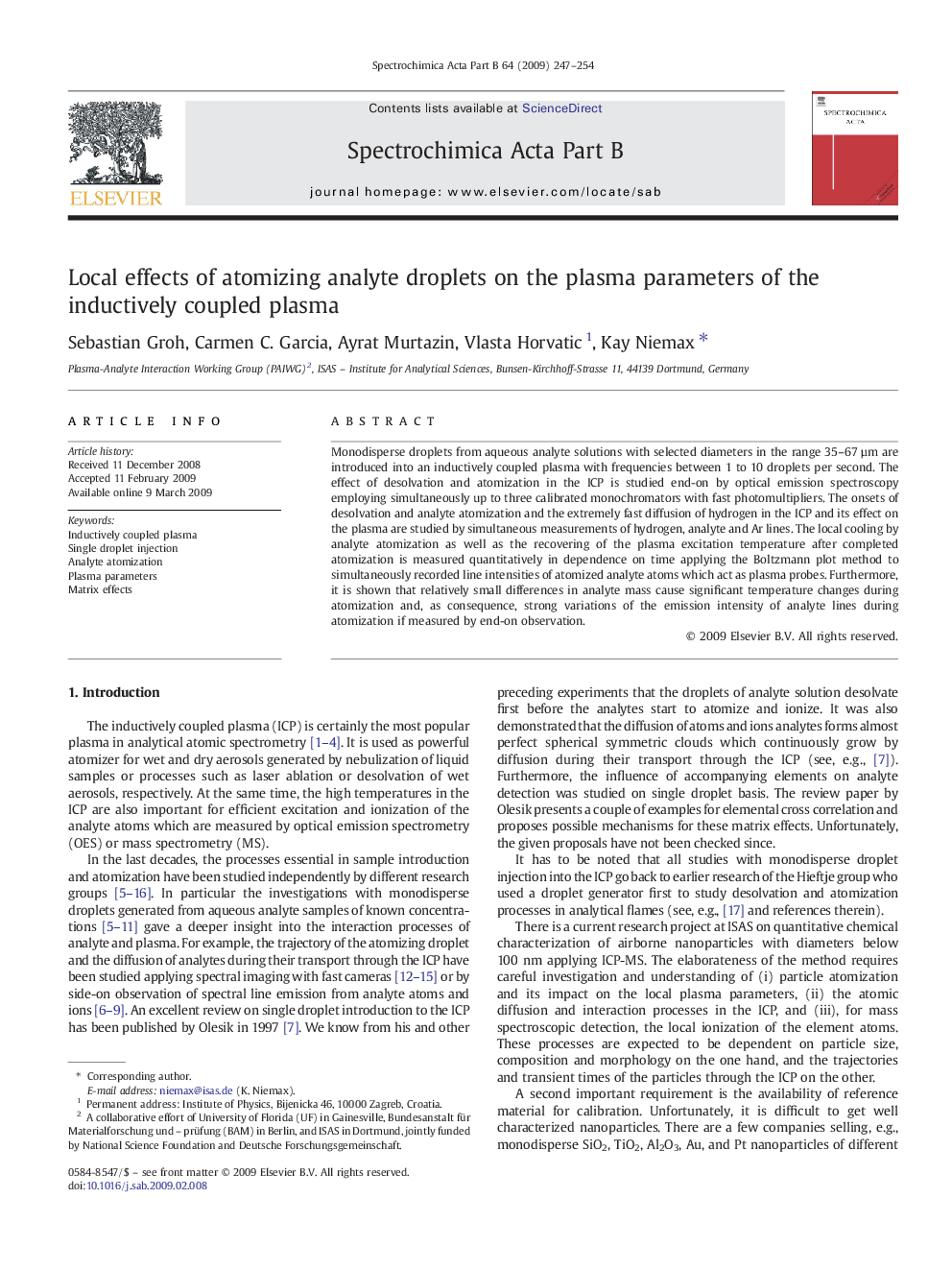 Local effects of atomizing analyte droplets on the plasma parameters of the inductively coupled plasma