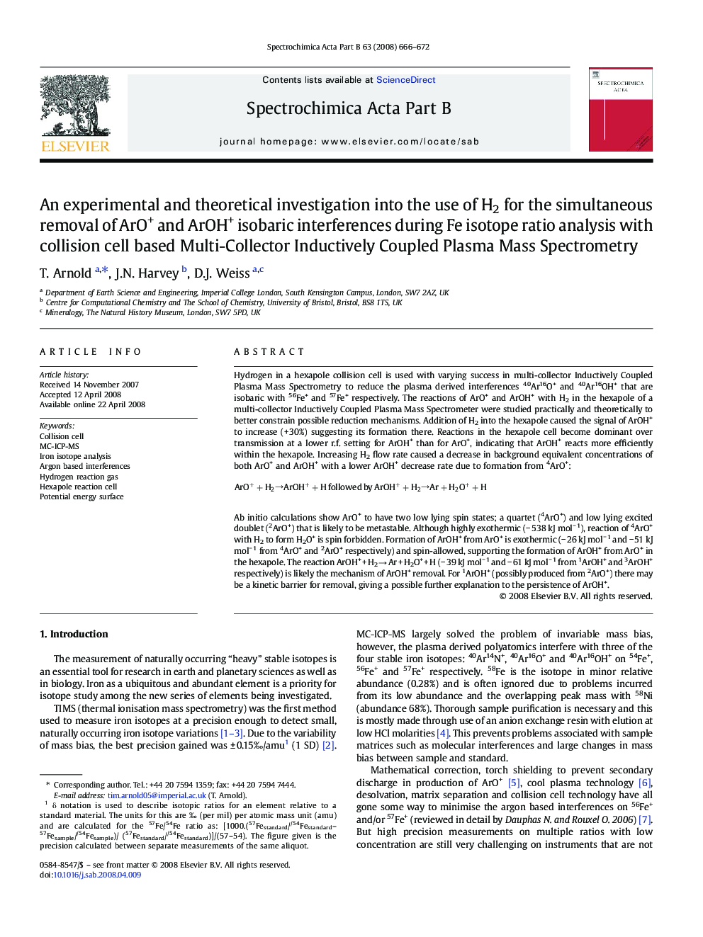 An experimental and theoretical investigation into the use of H2 for the simultaneous removal of ArO+ and ArOH+ isobaric interferences during Fe isotope ratio analysis with collision cell based Multi-Collector Inductively Coupled Plasma Mass Spectrometry