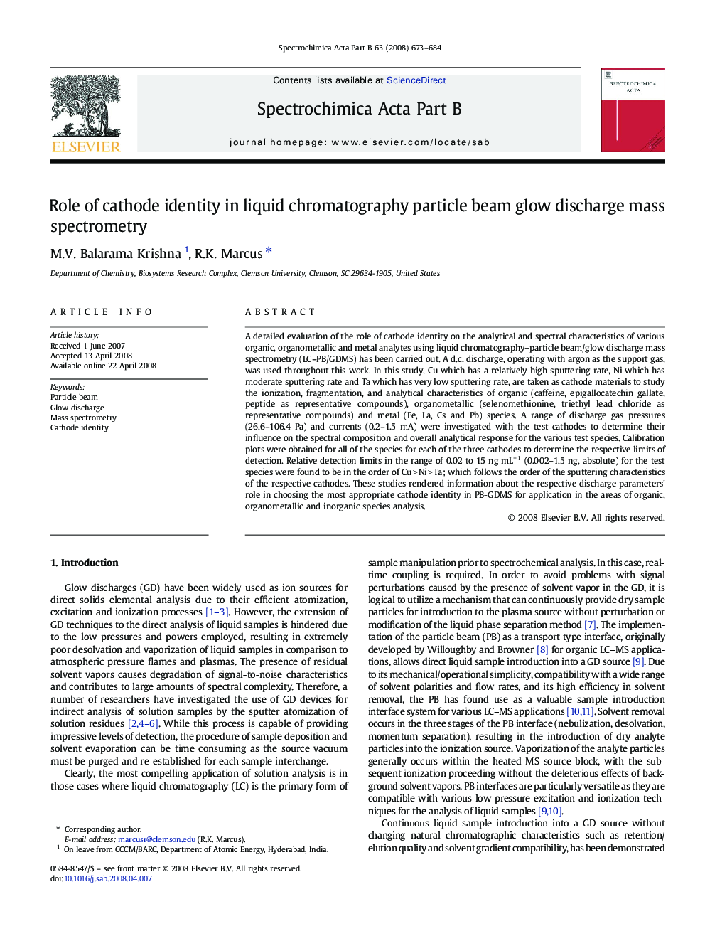 Role of cathode identity in liquid chromatography particle beam glow discharge mass spectrometry