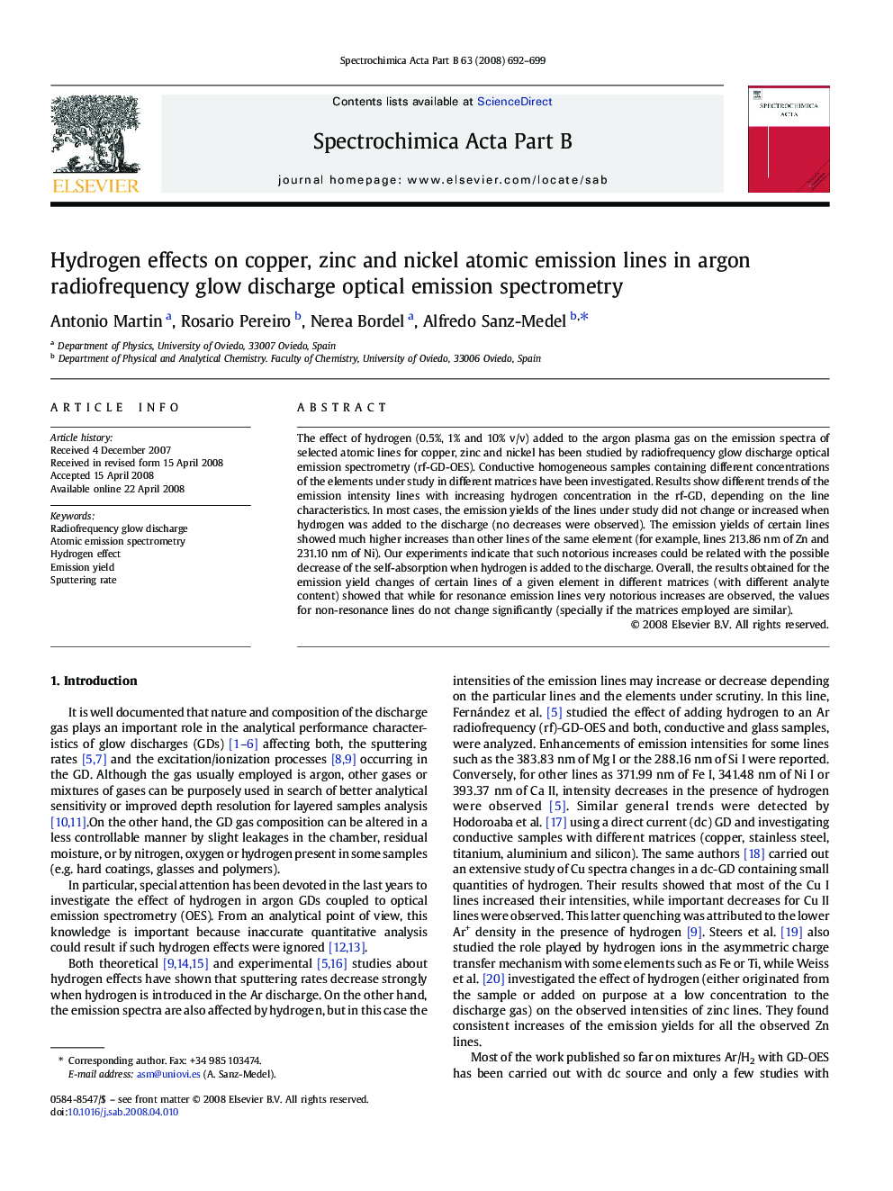 Hydrogen effects on copper, zinc and nickel atomic emission lines in argon radiofrequency glow discharge optical emission spectrometry