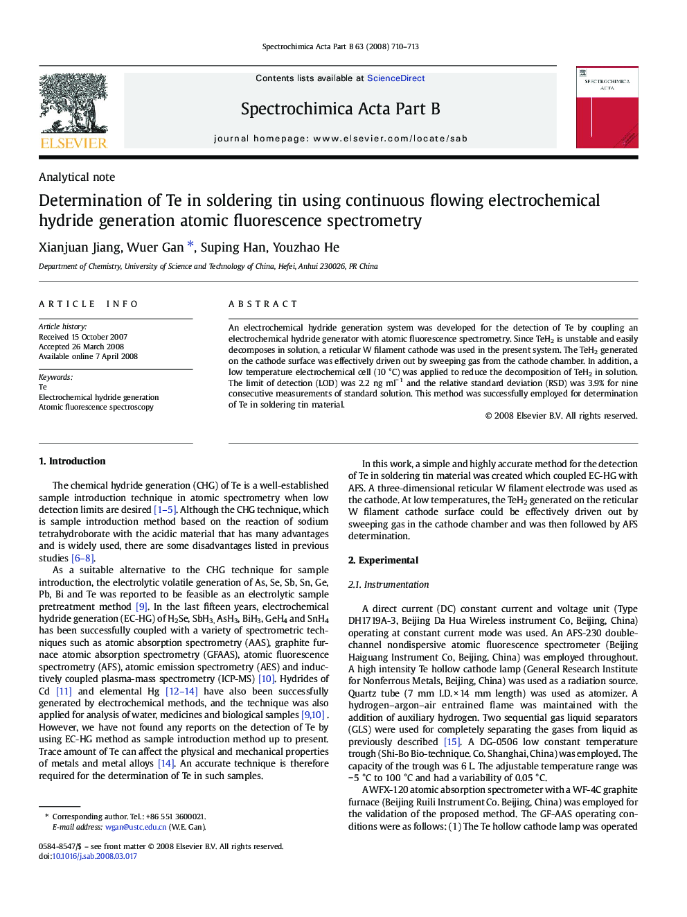 Determination of Te in soldering tin using continuous flowing electrochemical hydride generation atomic fluorescence spectrometry