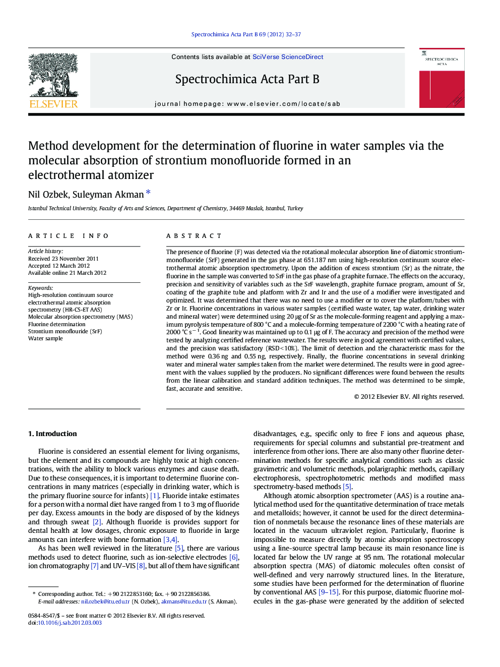 Method development for the determination of fluorine in water samples via the molecular absorption of strontium monofluoride formed in an electrothermal atomizer