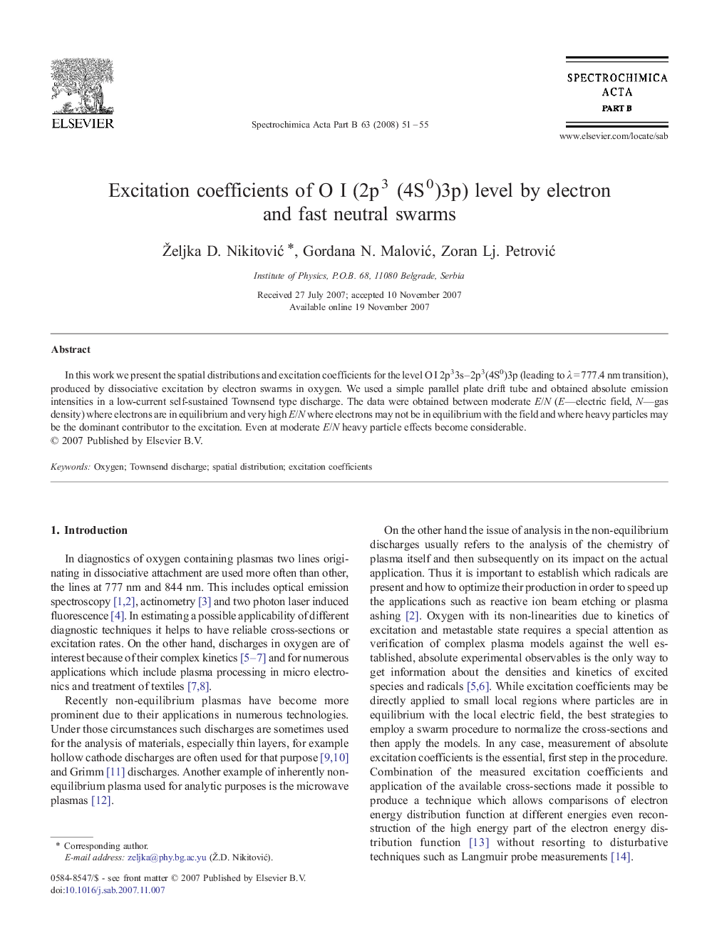 Excitation coefficients of O I (2p3 (4S0)3p) level by electron and fast neutral swarms