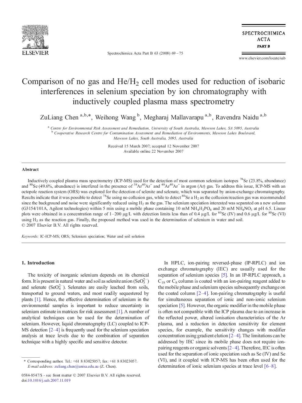 Comparison of no gas and He/H2 cell modes used for reduction of isobaric interferences in selenium speciation by ion chromatography with inductively coupled plasma mass spectrometry