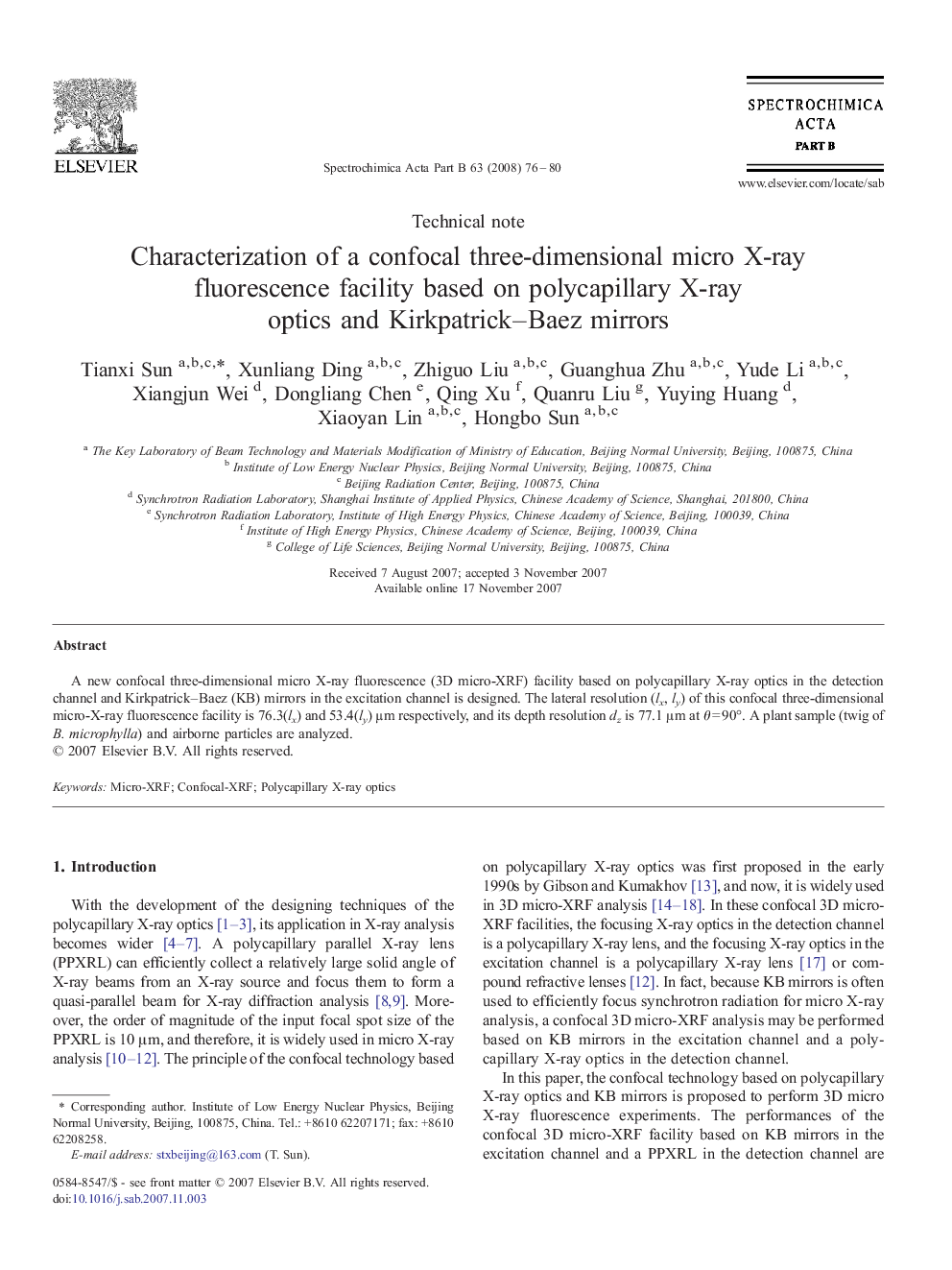 Characterization of a confocal three-dimensional micro X-ray fluorescence facility based on polycapillary X-ray optics and Kirkpatrick–Baez mirrors