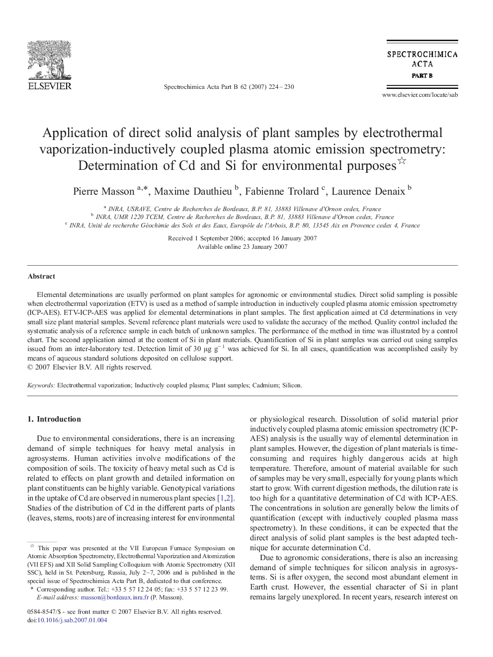 Application of direct solid analysis of plant samples by electrothermal vaporization-inductively coupled plasma atomic emission spectrometry: Determination of Cd and Si for environmental purposes 