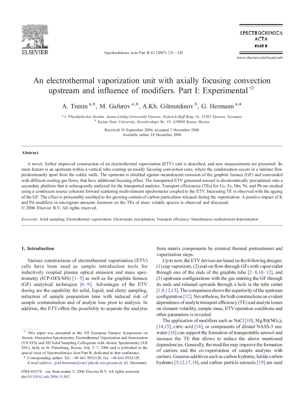 An electrothermal vaporization unit with axially focusing convection upstream and influence of modifiers. Part I: Experimental