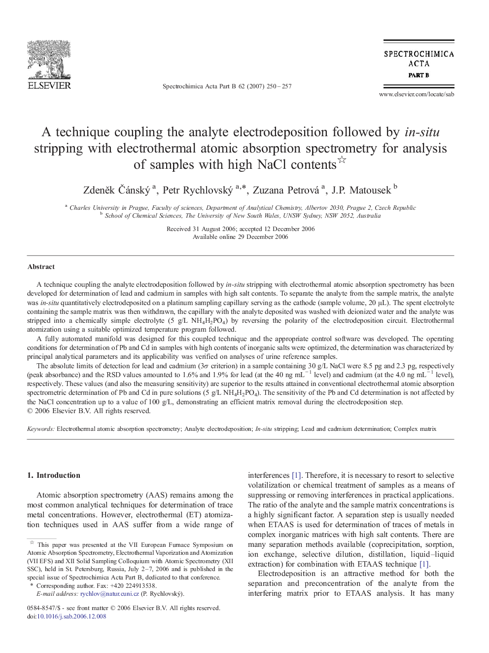 A technique coupling the analyte electrodeposition followed by in-situ stripping with electrothermal atomic absorption spectrometry for analysis of samples with high NaCl contents 