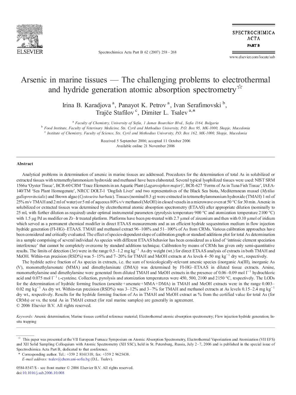 Arsenic in marine tissues — The challenging problems to electrothermal and hydride generation atomic absorption spectrometry 