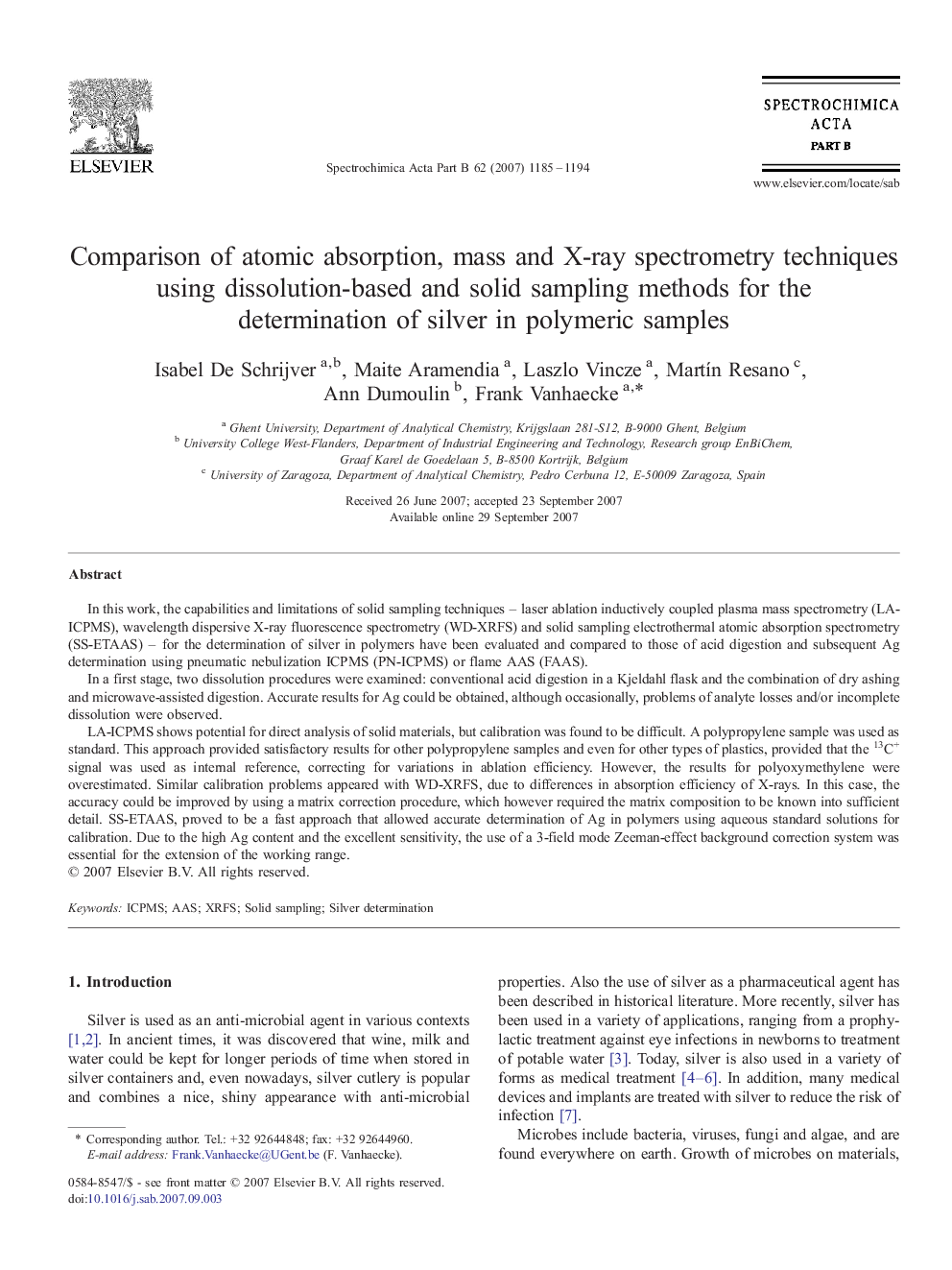 Comparison of atomic absorption, mass and X-ray spectrometry techniques using dissolution-based and solid sampling methods for the determination of silver in polymeric samples