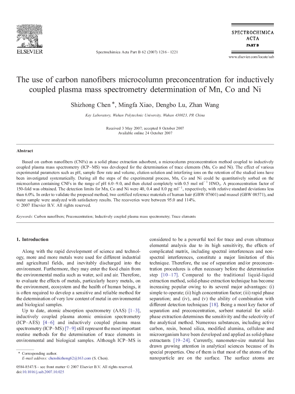 The use of carbon nanofibers microcolumn preconcentration for inductively coupled plasma mass spectrometry determination of Mn, Co and Ni