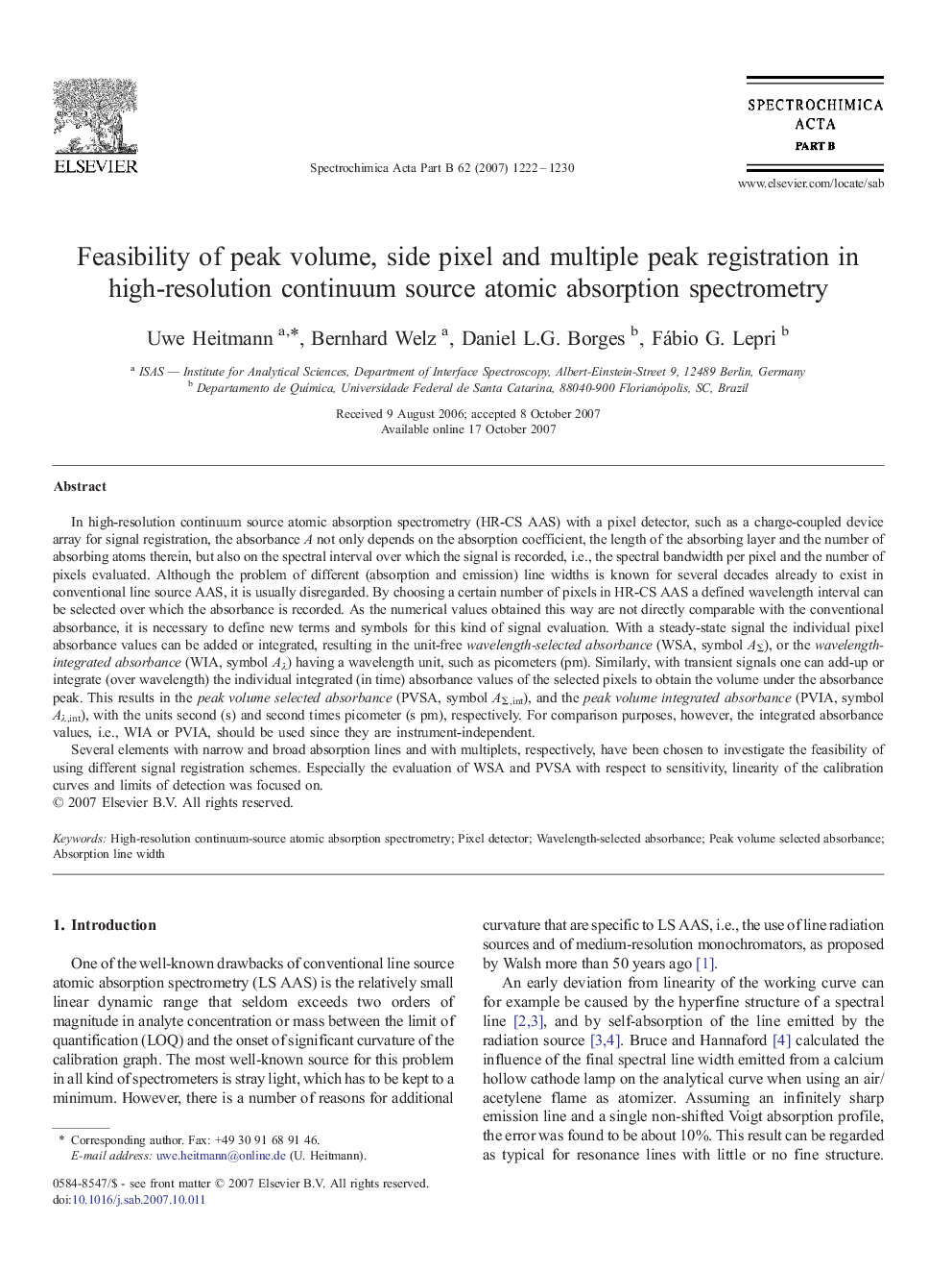 Feasibility of peak volume, side pixel and multiple peak registration in high-resolution continuum source atomic absorption spectrometry