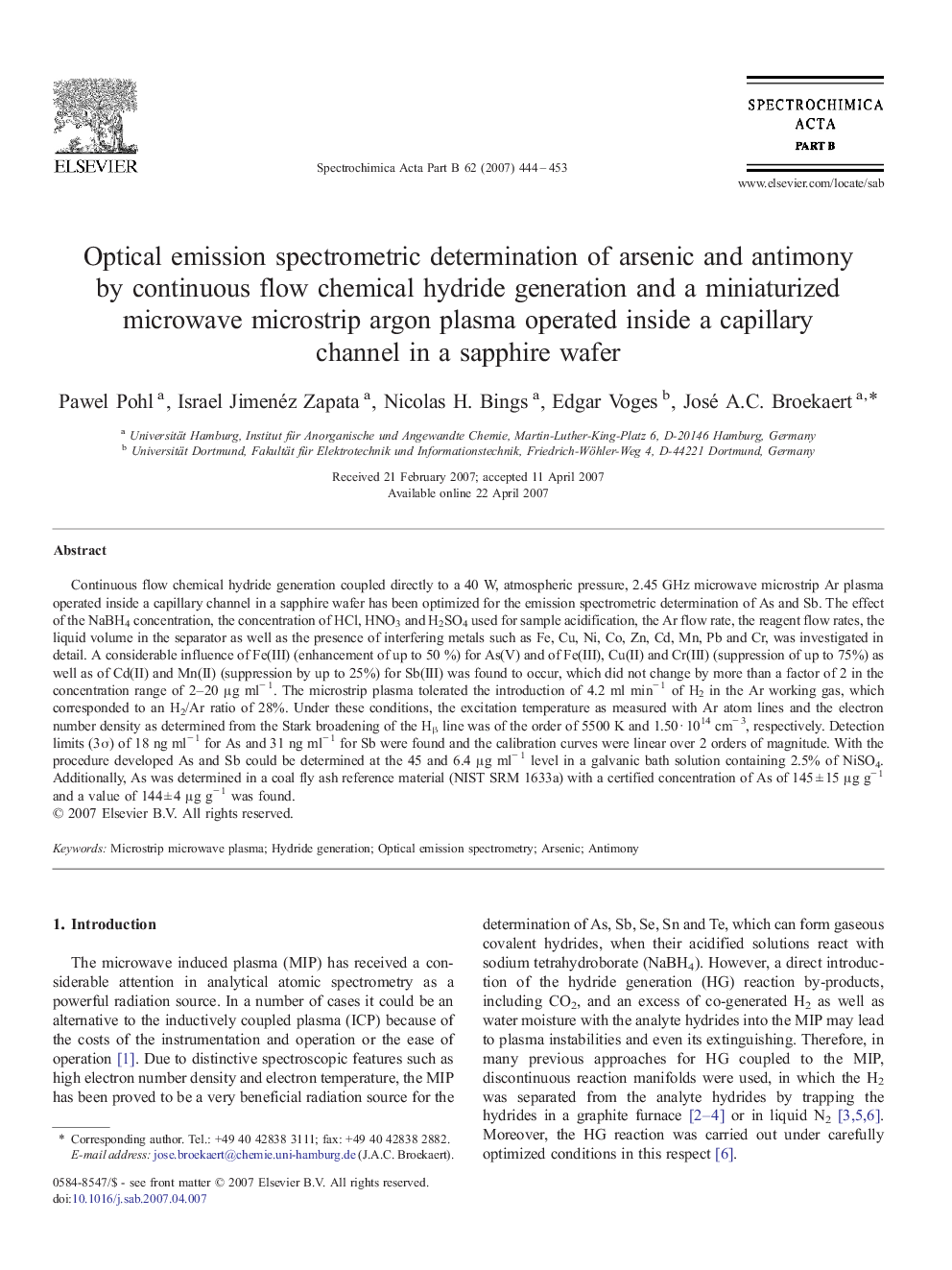 Optical emission spectrometric determination of arsenic and antimony by continuous flow chemical hydride generation and a miniaturized microwave microstrip argon plasma operated inside a capillary channel in a sapphire wafer