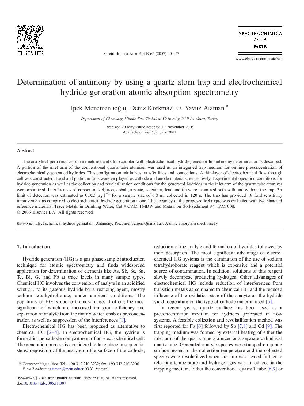 Determination of antimony by using a quartz atom trap and electrochemical hydride generation atomic absorption spectrometry