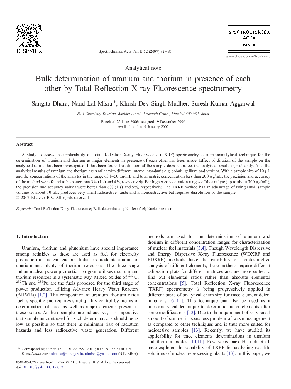 Bulk determination of uranium and thorium in presence of each other by Total Reflection X-ray Fluorescence spectrometry