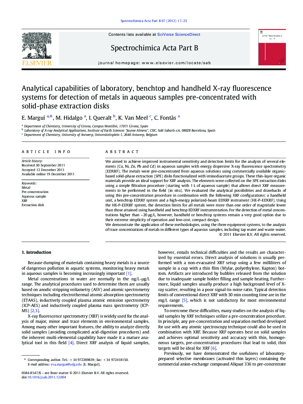 Analytical capabilities of laboratory, benchtop and handheld X-ray fluorescence systems for detection of metals in aqueous samples pre-concentrated with solid-phase extraction disks