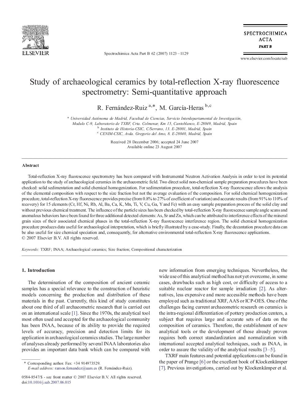 Study of archaeological ceramics by total-reflection X-ray fluorescence spectrometry: Semi-quantitative approach