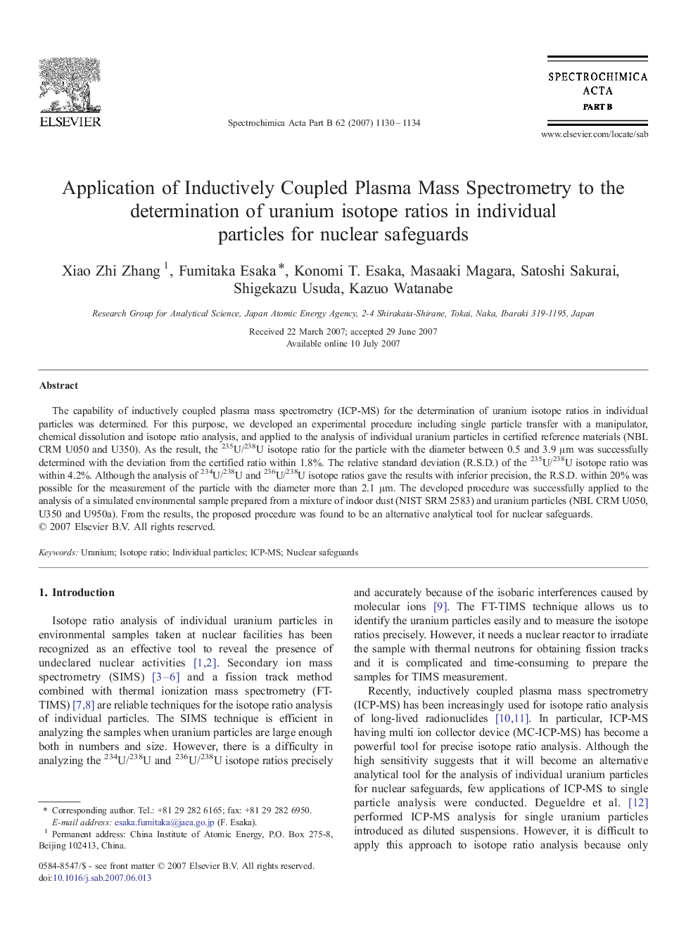 Application of Inductively Coupled Plasma Mass Spectrometry to the determination of uranium isotope ratios in individual particles for nuclear safeguards