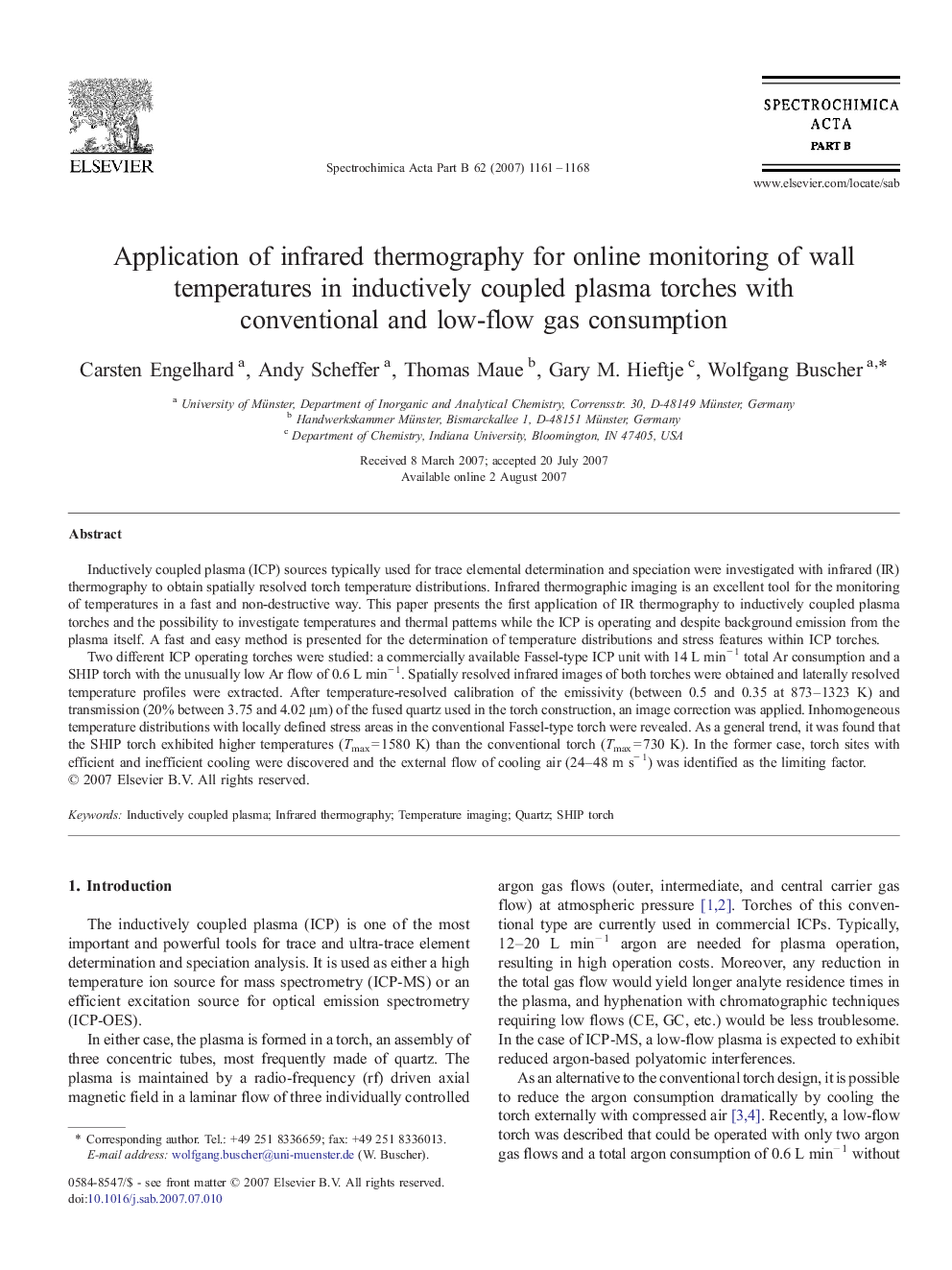 Application of infrared thermography for online monitoring of wall temperatures in inductively coupled plasma torches with conventional and low-flow gas consumption