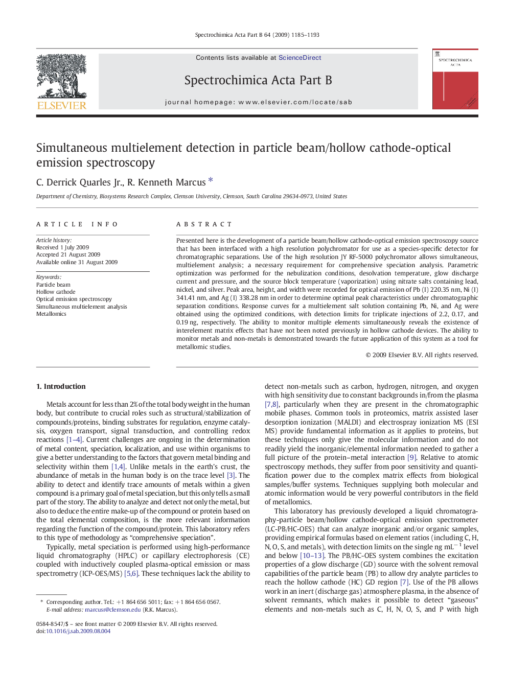 Simultaneous multielement detection in particle beam/hollow cathode-optical emission spectroscopy