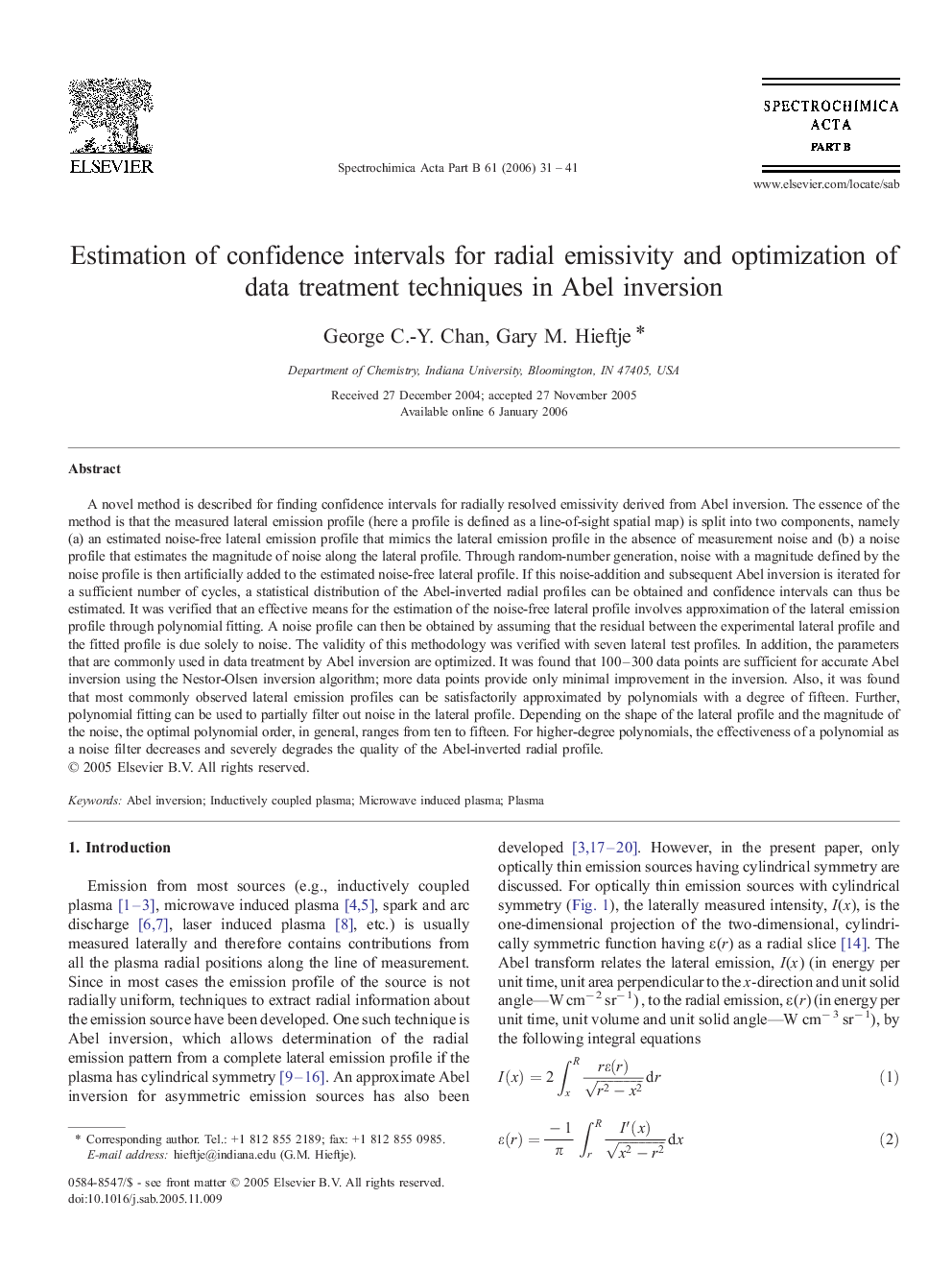 Estimation of confidence intervals for radial emissivity and optimization of data treatment techniques in Abel inversion