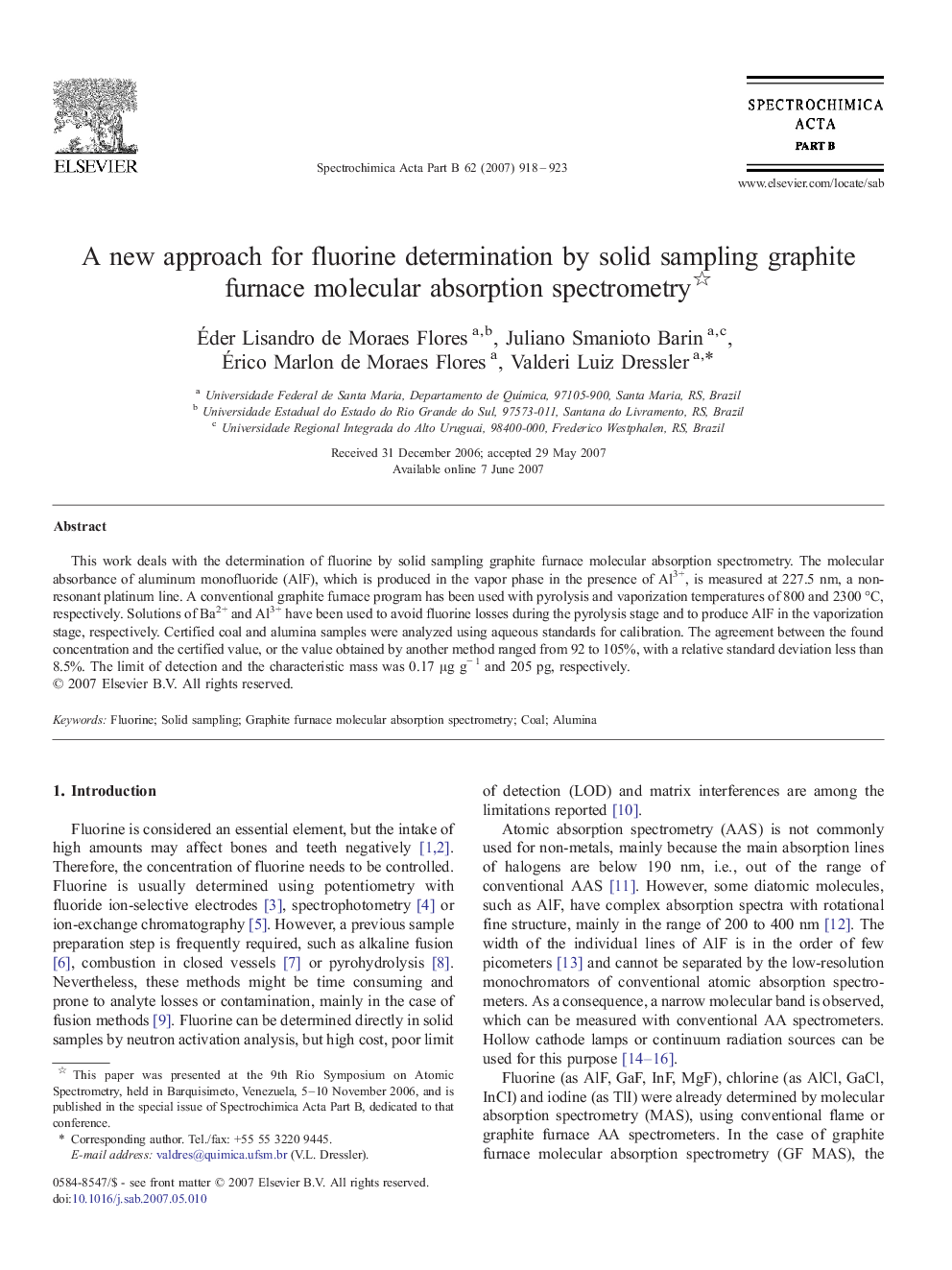 A new approach for fluorine determination by solid sampling graphite furnace molecular absorption spectrometry 