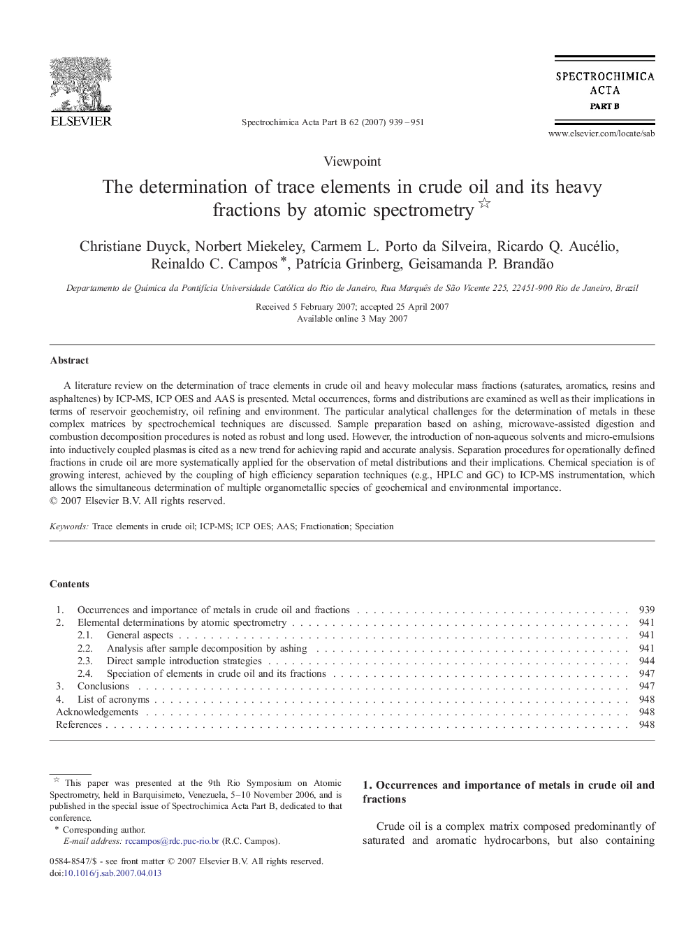 The determination of trace elements in crude oil and its heavy fractions by atomic spectrometry 