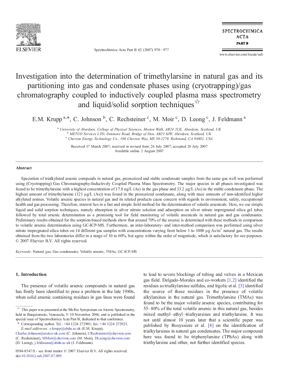 Investigation into the determination of trimethylarsine in natural gas and its partitioning into gas and condensate phases using (cryotrapping)/gas chromatography coupled to inductively coupled plasma mass spectrometry and liquid/solid sorption techniques