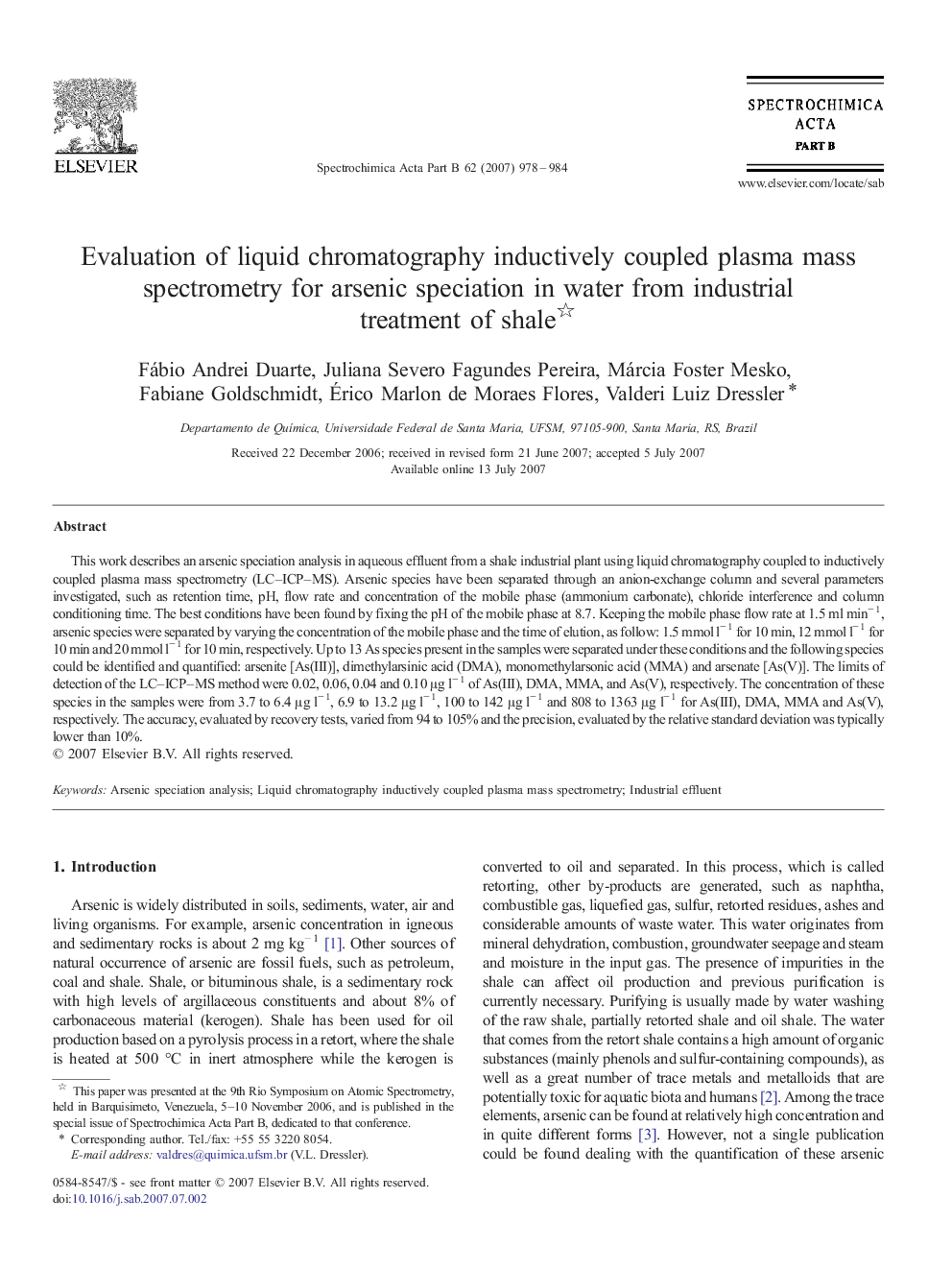 Evaluation of liquid chromatography inductively coupled plasma mass spectrometry for arsenic speciation in water from industrial treatment of shale 