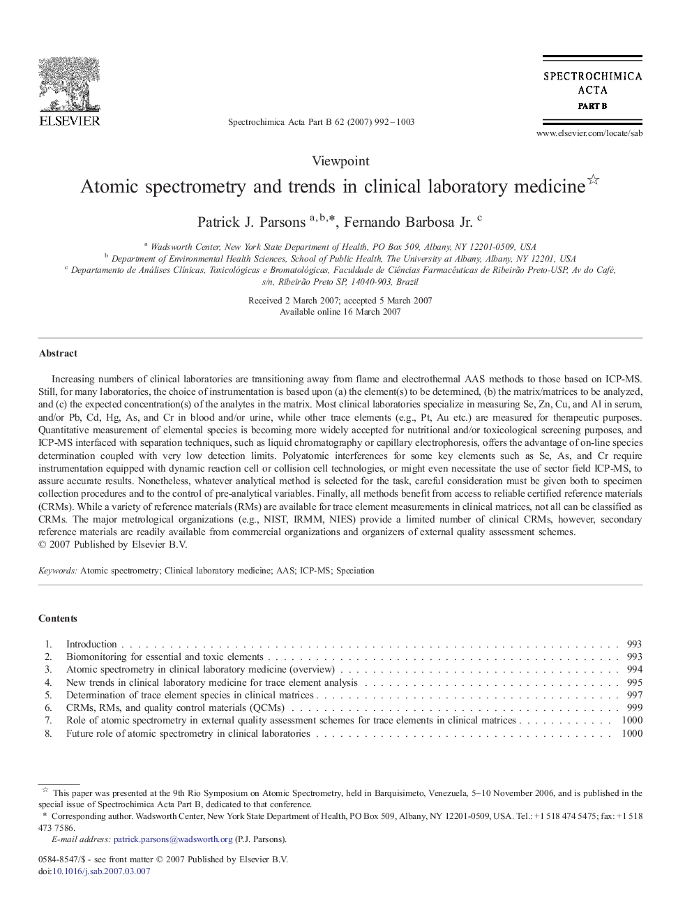 Atomic spectrometry and trends in clinical laboratory medicine 