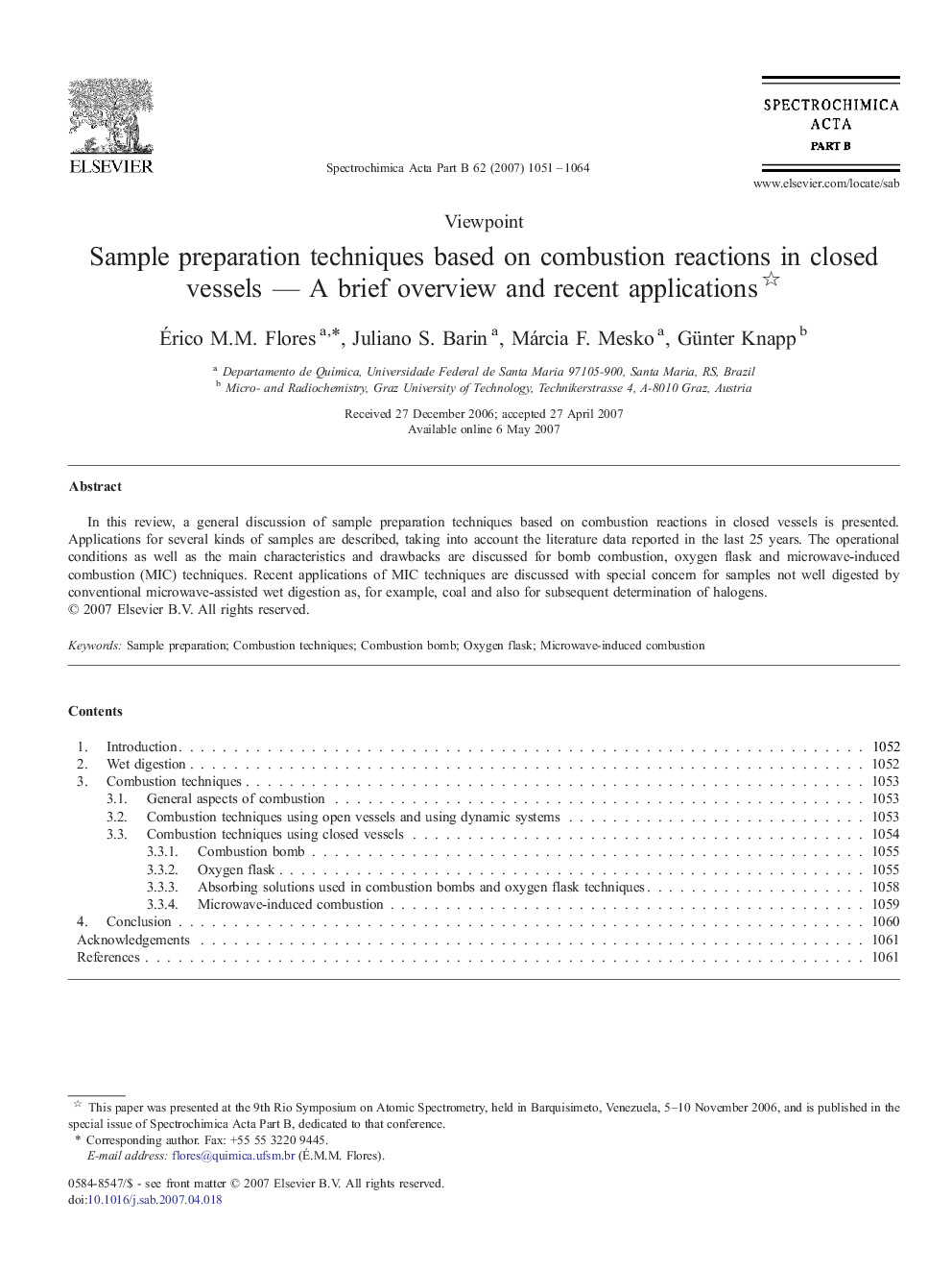 Sample preparation techniques based on combustion reactions in closed vessels — A brief overview and recent applications 