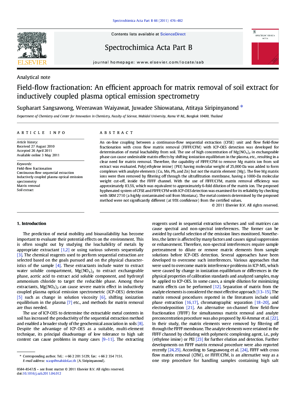 Field-flow fractionation: An efficient approach for matrix removal of soil extract for inductively coupled plasma optical emission spectrometry