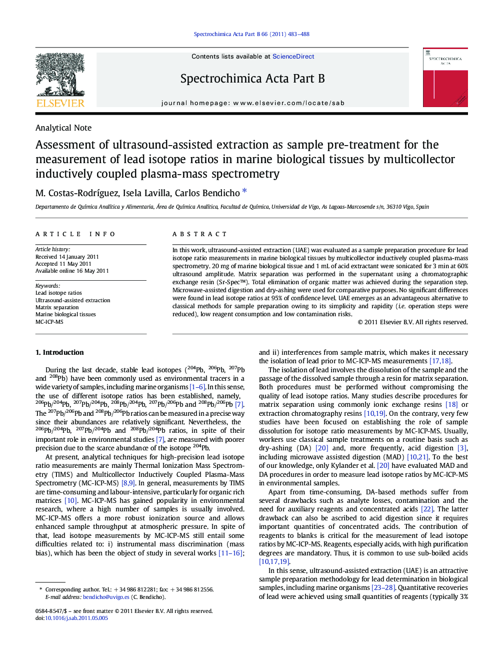 Assessment of ultrasound-assisted extraction as sample pre-treatment for the measurement of lead isotope ratios in marine biological tissues by multicollector inductively coupled plasma-mass spectrometry