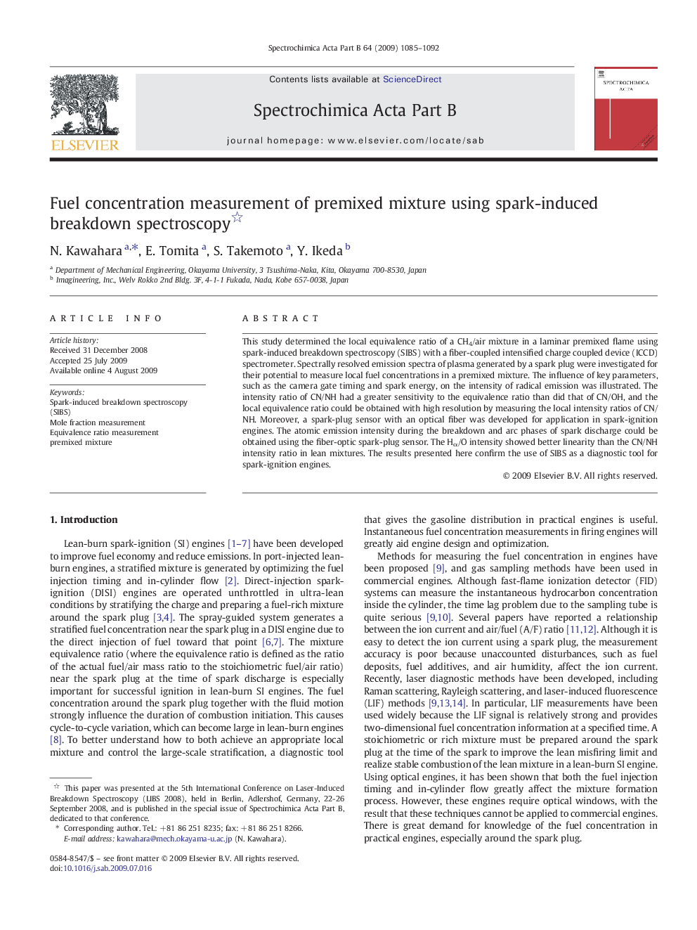 Fuel concentration measurement of premixed mixture using spark-induced breakdown spectroscopy 