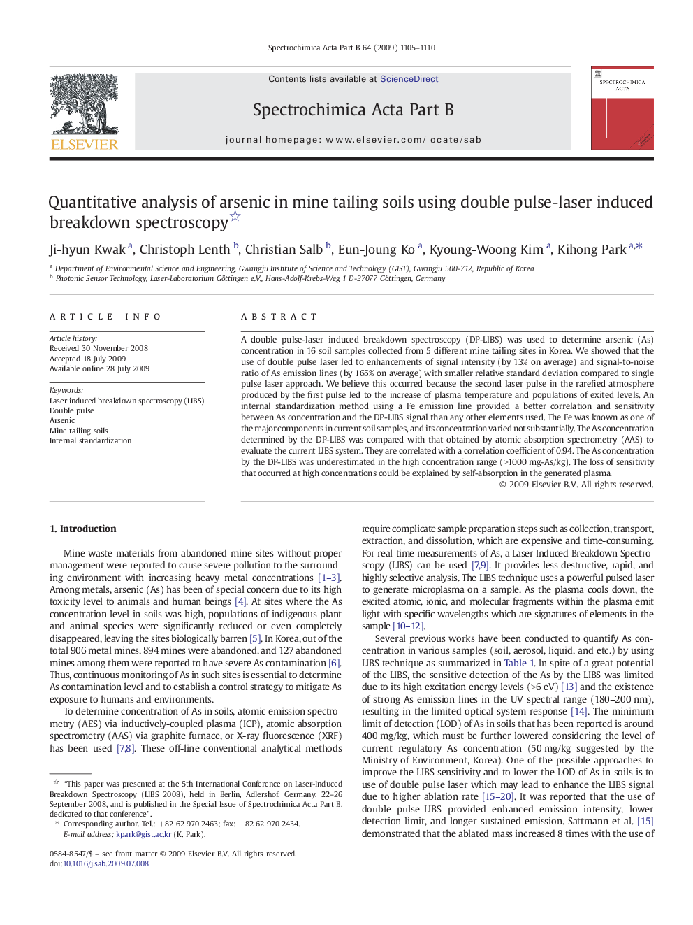 Quantitative analysis of arsenic in mine tailing soils using double pulse-laser induced breakdown spectroscopy 