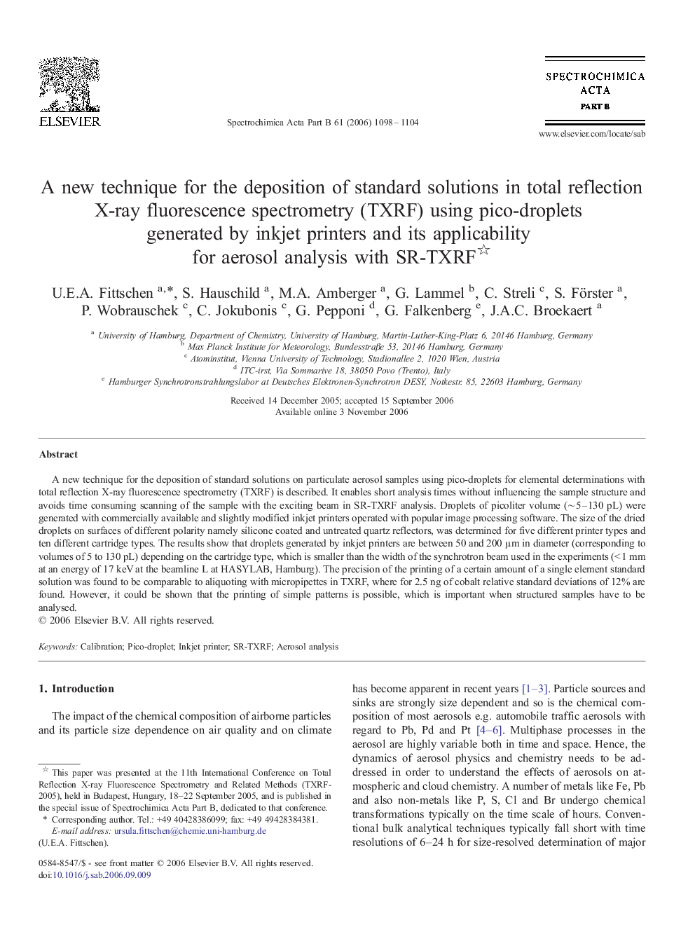 A new technique for the deposition of standard solutions in total reflection X-ray fluorescence spectrometry (TXRF) using pico-droplets generated by inkjet printers and its applicability for aerosol analysis with SR-TXRF 