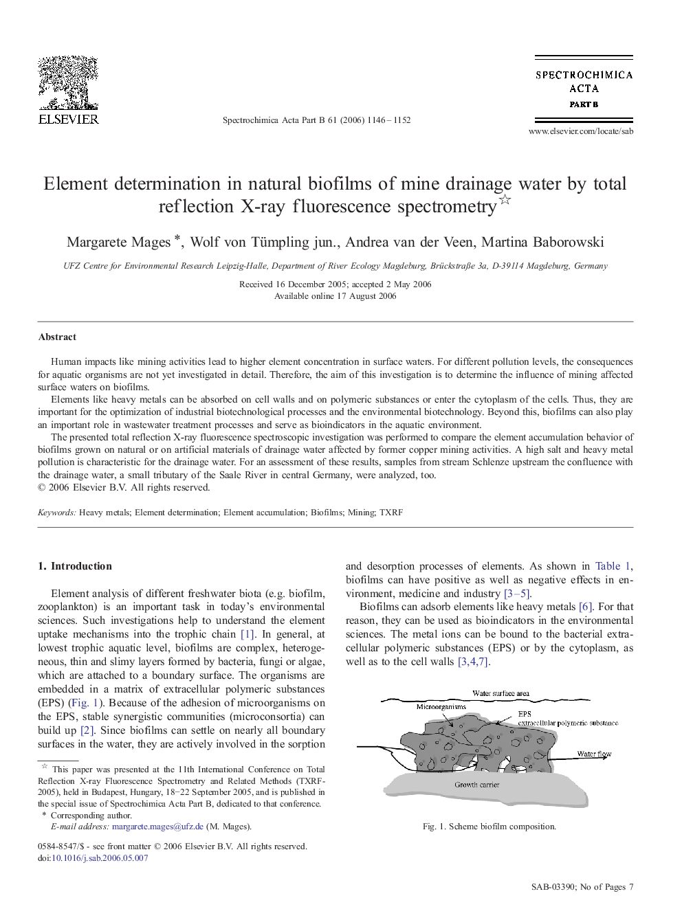 Element determination in natural biofilms of mine drainage water by total reflection X-ray fluorescence spectrometry 