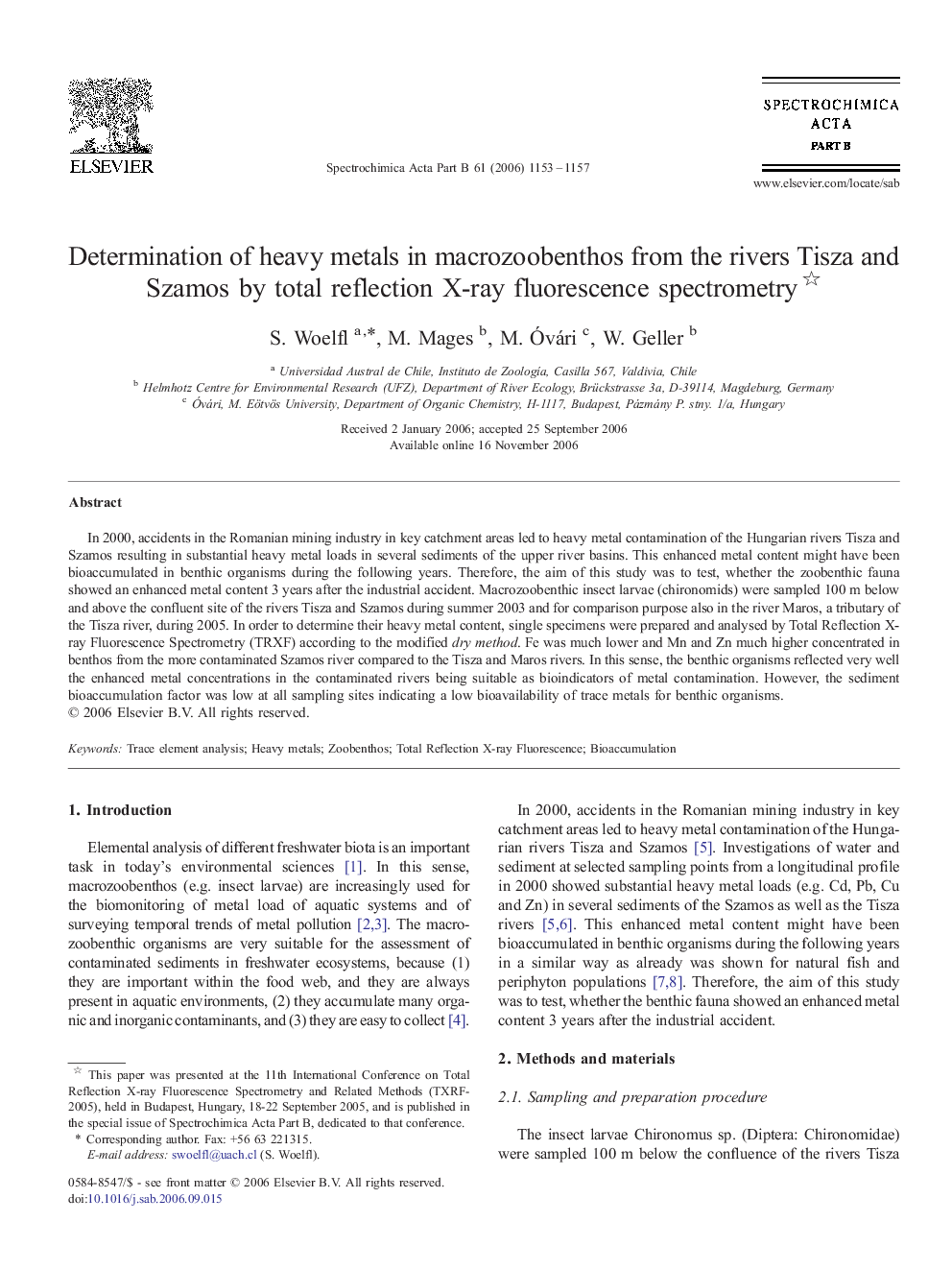 Determination of heavy metals in macrozoobenthos from the rivers Tisza and Szamos by total reflection X-ray fluorescence spectrometry 