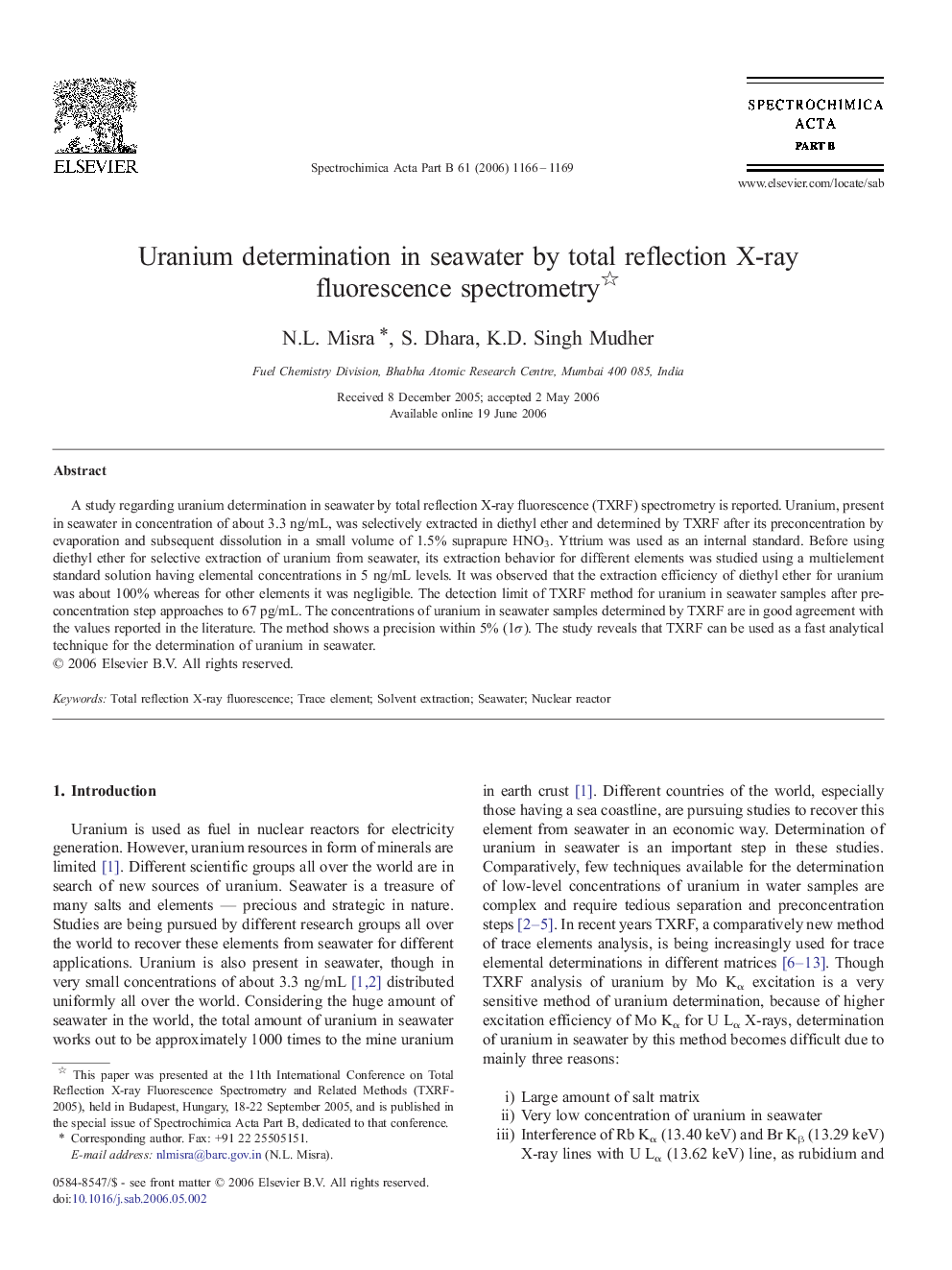 Uranium determination in seawater by total reflection X-ray fluorescence spectrometry 