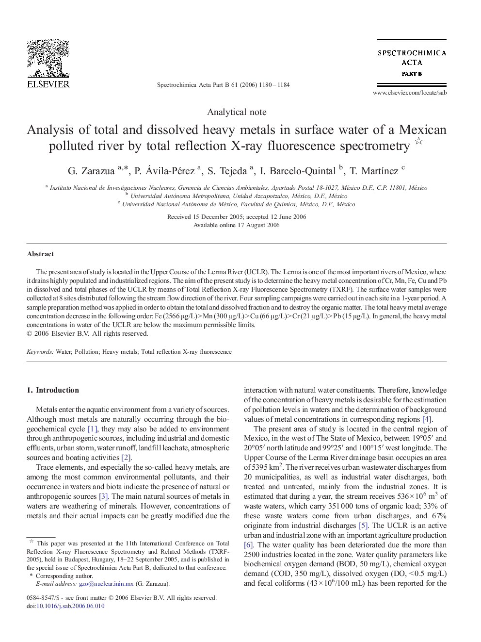 Analysis of total and dissolved heavy metals in surface water of a Mexican polluted river by total reflection X-ray fluorescence spectrometry 