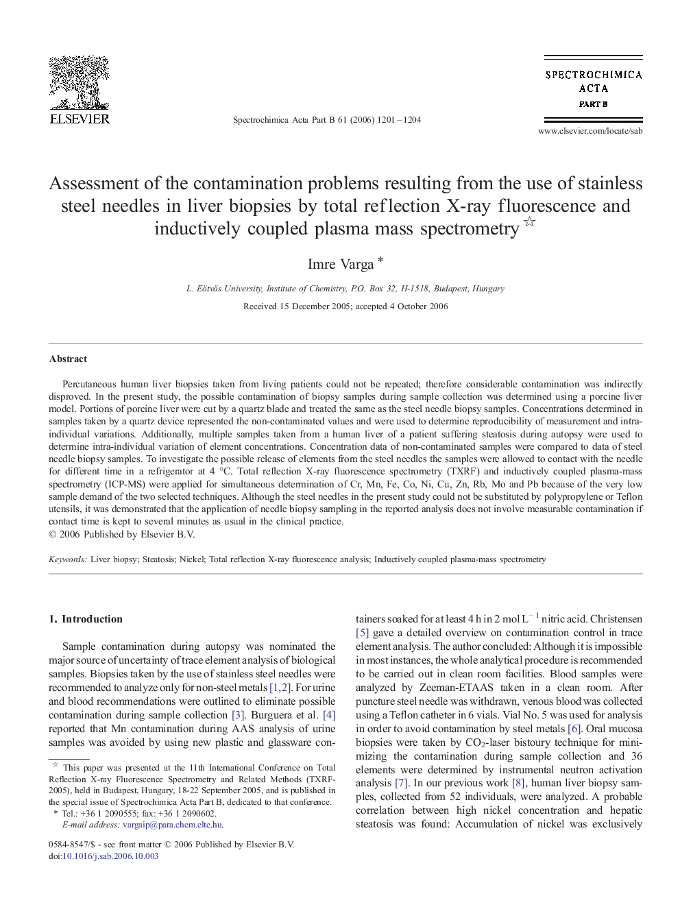 Assessment of the contamination problems resulting from the use of stainless steel needles in liver biopsies by total reflection X-ray fluorescence and inductively coupled plasma mass spectrometry