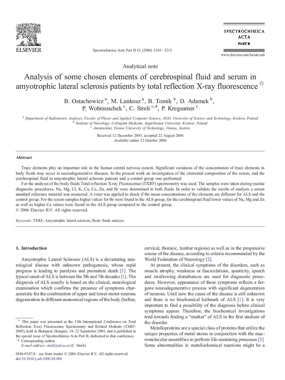 Analysis of some chosen elements of cerebrospinal fluid and serum in amyotrophic lateral sclerosis patients by total reflection X-ray fluorescence