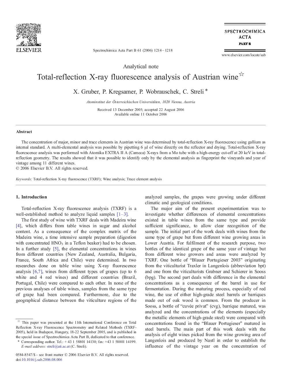 Total-reflection X-ray fluorescence analysis of Austrian wine 