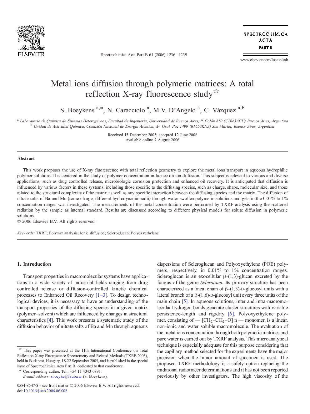 Metal ions diffusion through polymeric matrices: A total reflection X-ray fluorescence study 